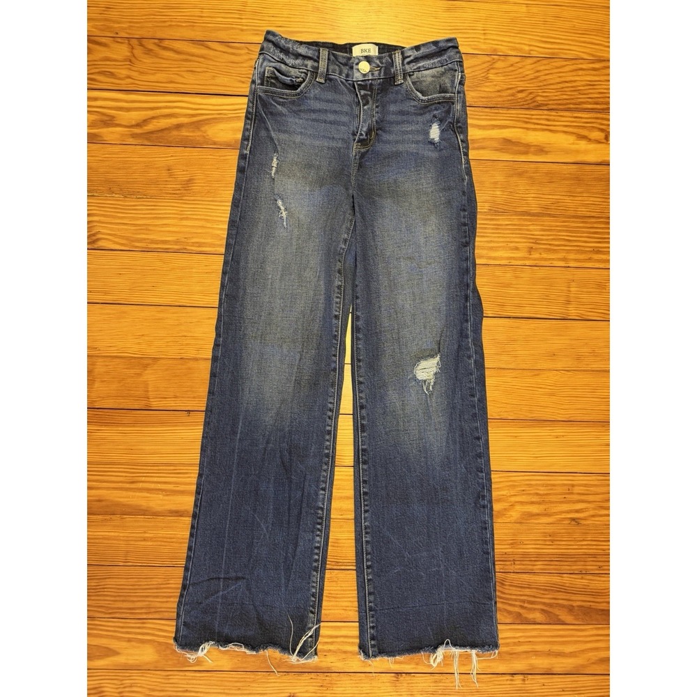 BKE Youth Wide Leg Jeans Girls 14S Adjustable Stretch Raw Hem Distressed Billie